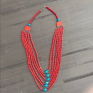 Red and Turquoise-Blue Beaded Necklace